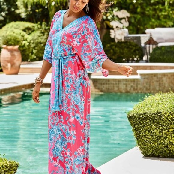 New Lilly Pulitzer Carmynn Maxi Caftan Coral Spritz Shelly Bay Maxi Dress - Picture 1 of 16